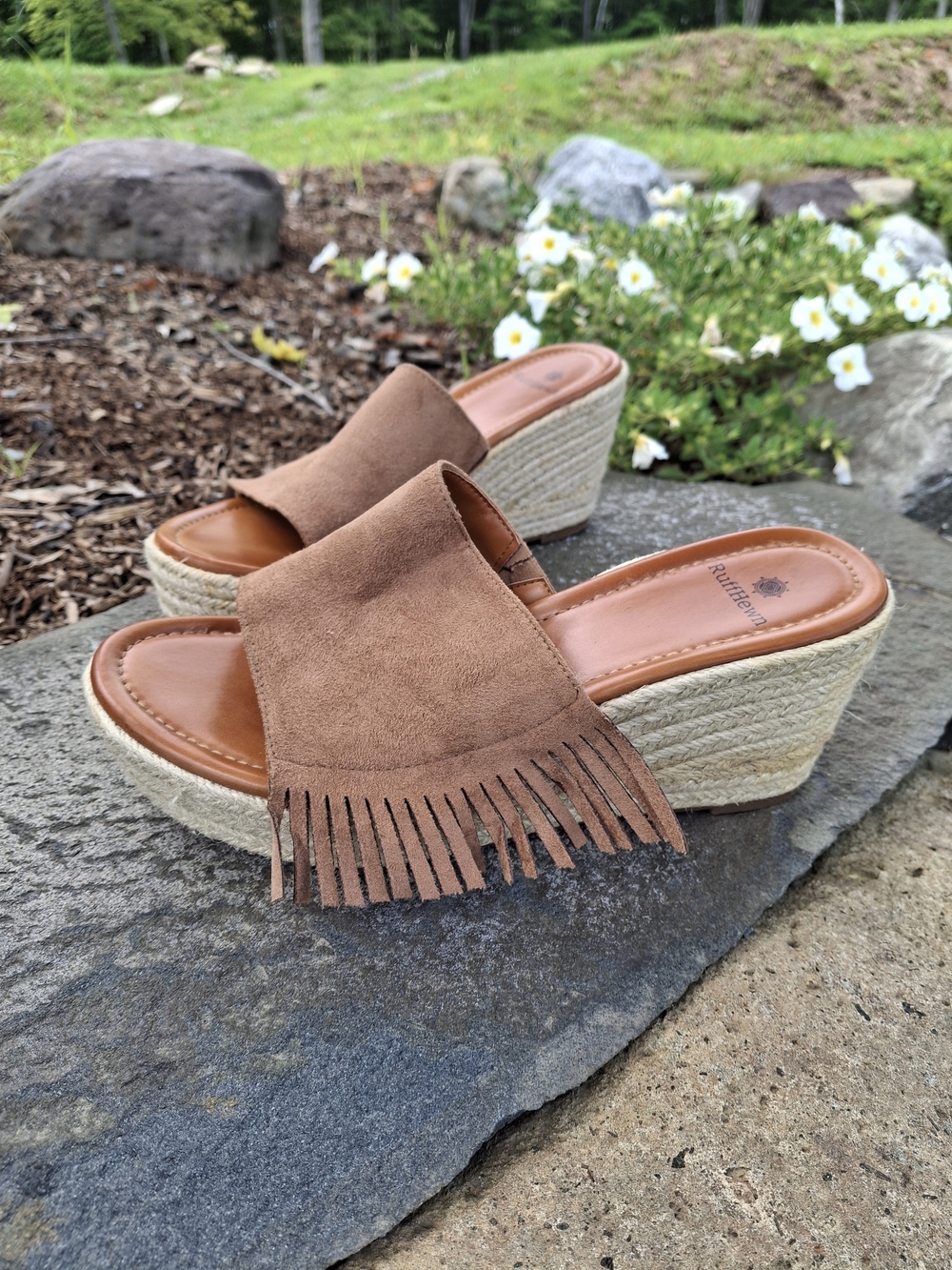 Ruff Hewn Tan Suede Fringe Espadrille Wedge Slides